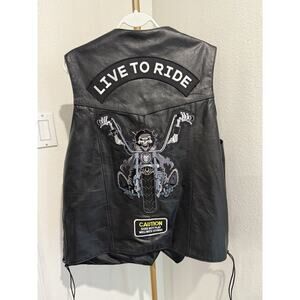 Silver Bike Leather Men's Vest, 3XL w/Pockets, Black Embroidered Patches